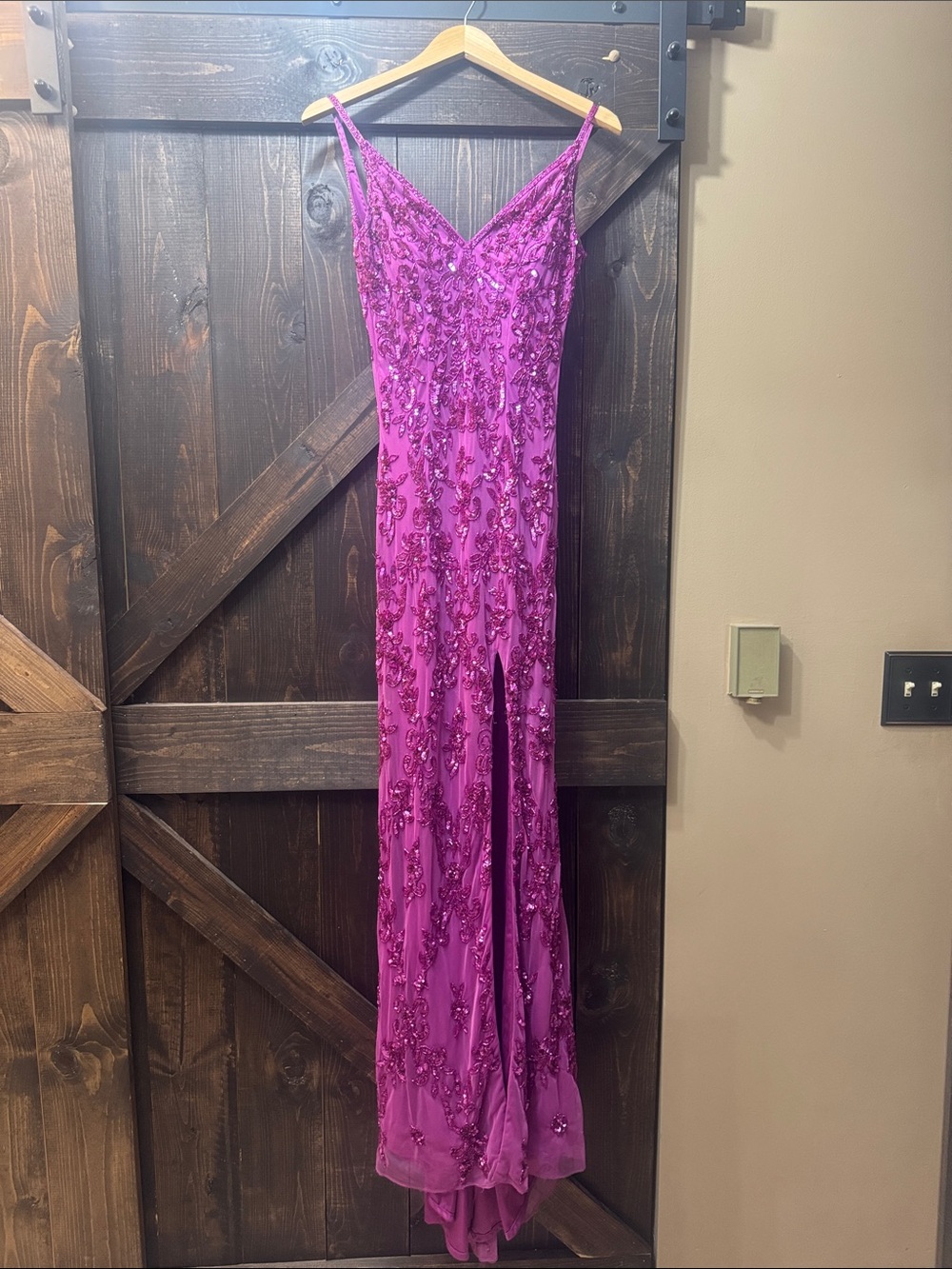 Fuchsia Embellished Spaghetti-Strap Prom Dress